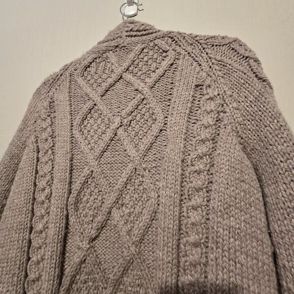 Handmade Cable Knit Cardigan Sweater Womens L XL Taupe Bespoke Preppy Fisherman - Picture 8 of 10